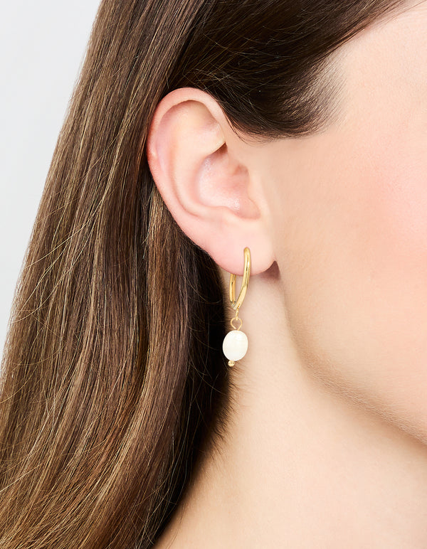 Waterproof Gold Plated Stainless Steel Freshwater Pearl Thin Huggie Hoop Earrings