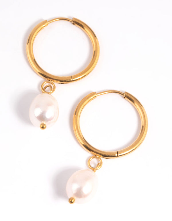Waterproof Gold Plated Stainless Steel Freshwater Pearl Thin Huggie Hoop Earrings