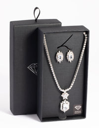 Silver Diamond Simulant Vintage Necklace & Earrings Set - link has visual effect only