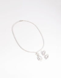 Silver Diamond Simulant Vintage Necklace & Earrings Set - link has visual effect only