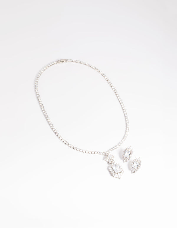 Silver Diamond Simulant Vintage Necklace & Earrings Set