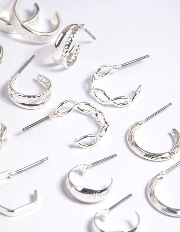 Silver Textured Glitter Hoop Earring 8-Pack