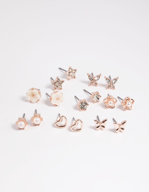 Rose Gold Pearlised Flower Stud Earring 8-Pack