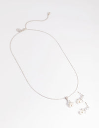 Silver Diamond Simulant Flower Pearl Necklace & Earrings Set - link has visual effect only