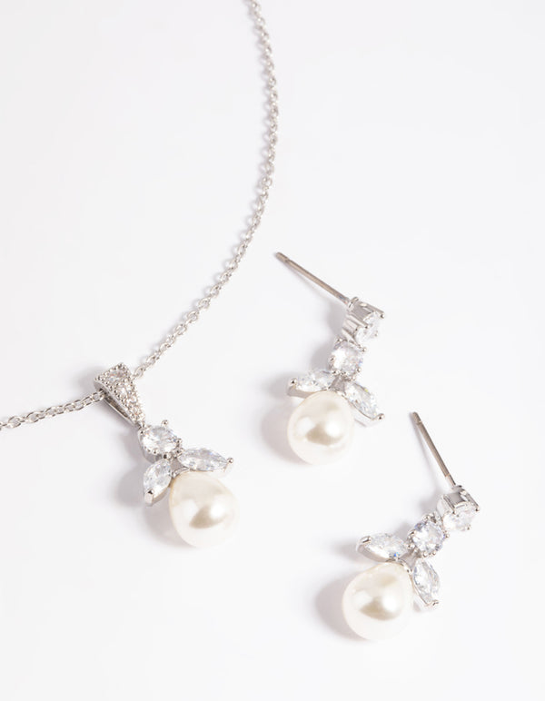 Silver Diamond Simulant Flower Pearl Necklace & Earrings Set