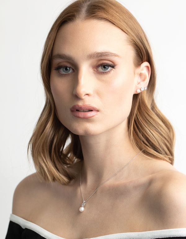 Silver Diamond Simulant Freshwater Pearl Necklace & Earrings Set