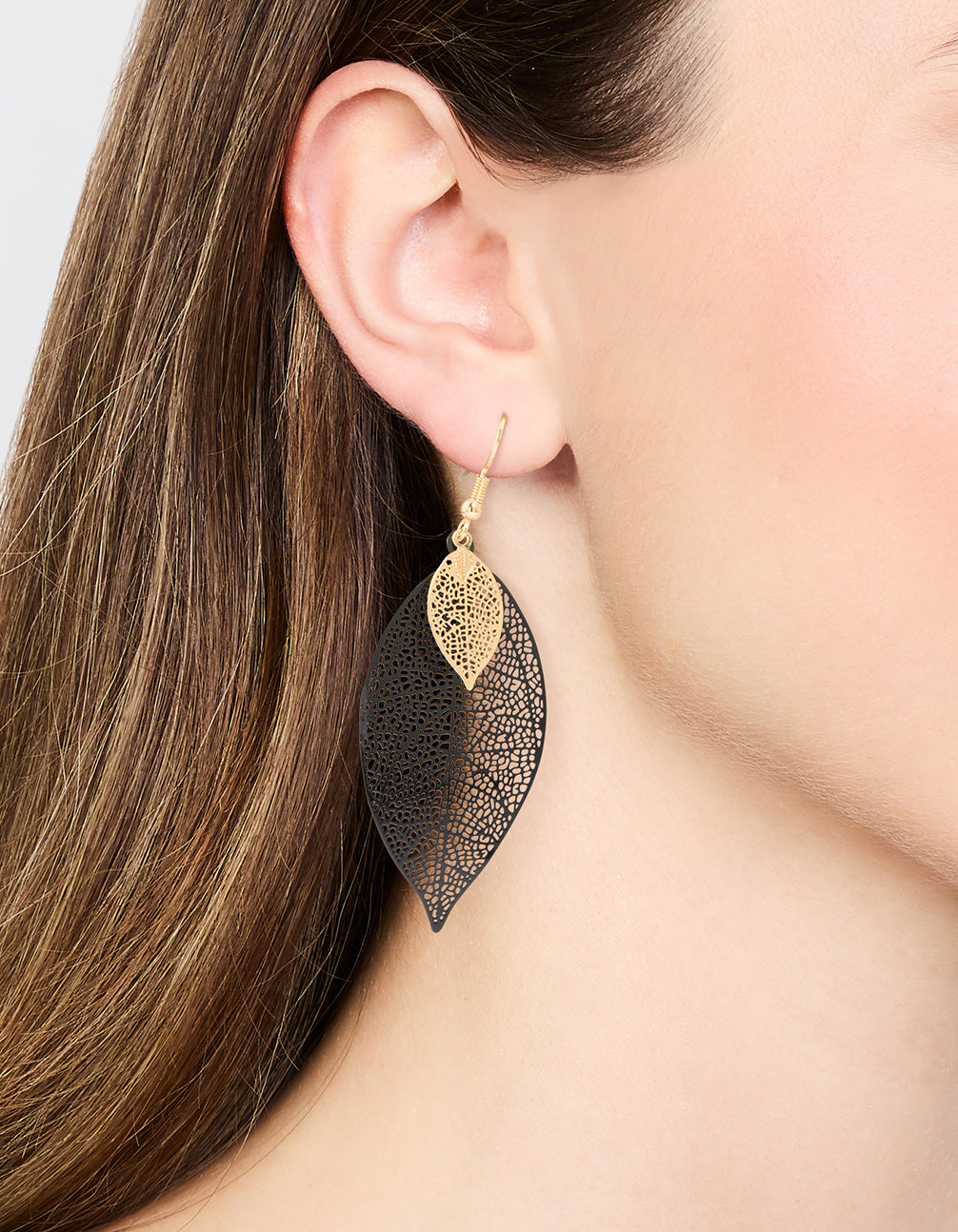 Black Double Leaf Drop Earrings