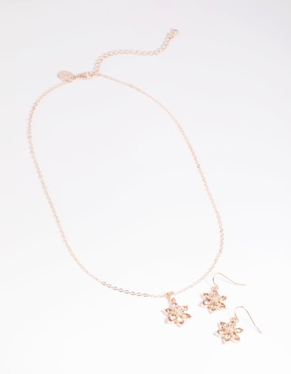 Pink Diamante Flower Necklace & Earrings Set