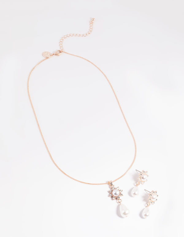 Rose Gold Pearl Flower Necklace & Earrings Set