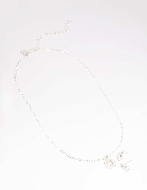 Silver Diamante Cushion Cut Necklace & Earrings Set