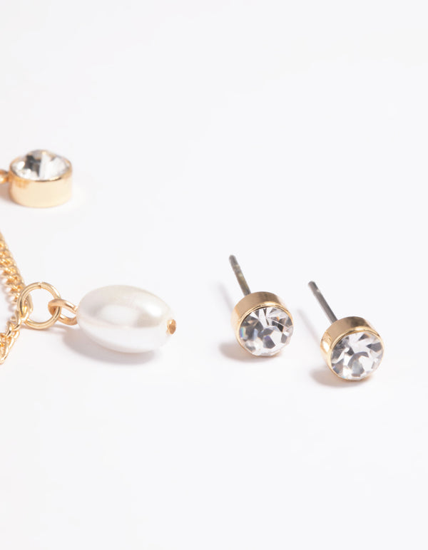 Gold Pearl Diamante Droplet Necklace & Earrings Set