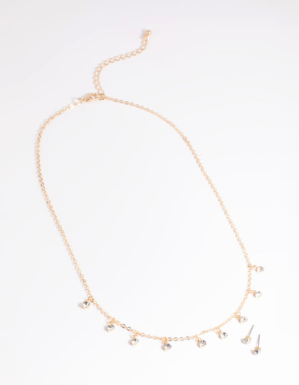 Gold Diamante Droplet Necklace & Earrings Set