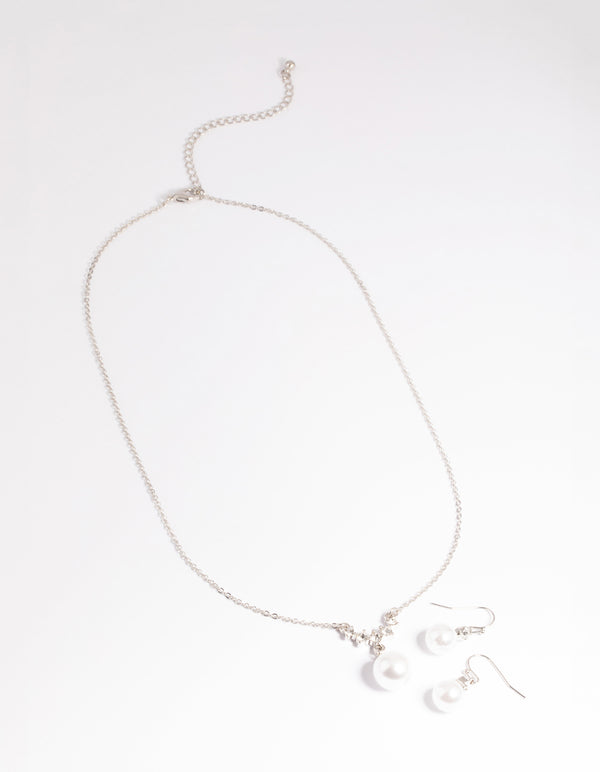 Silver Pearl Diamante Statement Necklace & Earrings Set