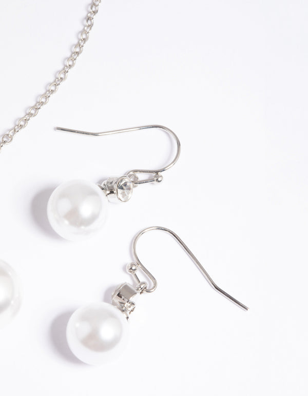 Silver Pearl Diamante Statement Necklace & Earrings Set