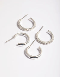 Silver Plain & Diamante Huggie Earrings Pack - link has visual effect only