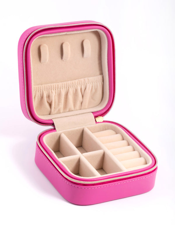 Hot Pink Faux Leather Compact Square Jewellery Box