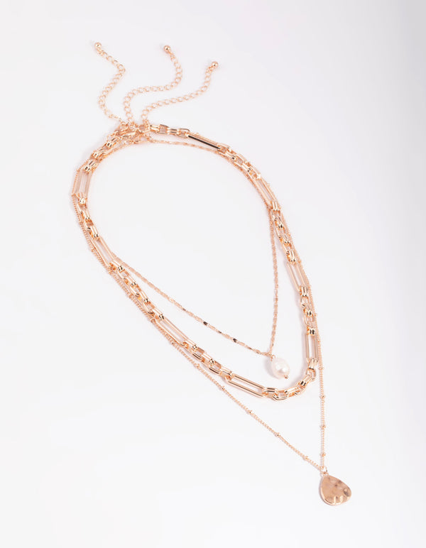 Rose Gold Multi Row Pearl & Coin Necklaces