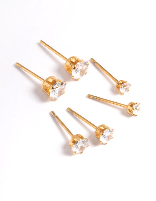 Gold Plated Stainless Steel Cubic Zircconia Stud Earring Pack