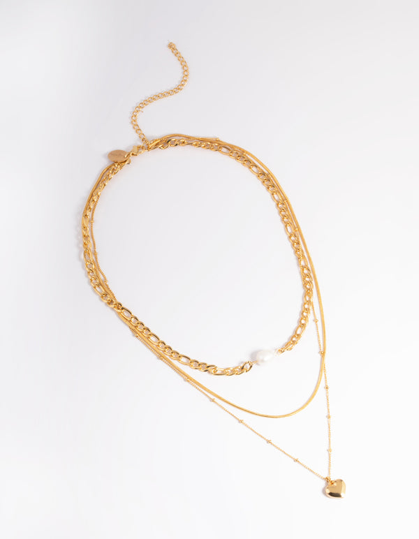 Waterproof Gold Plated Stainless Steel Heart & Freshwater Pearl Layered Necklace