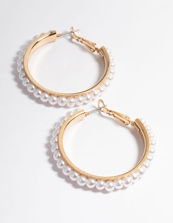 Gold Set Pearl Large Hoop Earrings