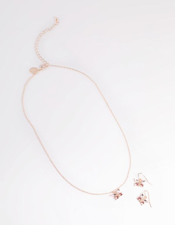 Rose Gold Diamante Butterfly Necklace & Earrings Set