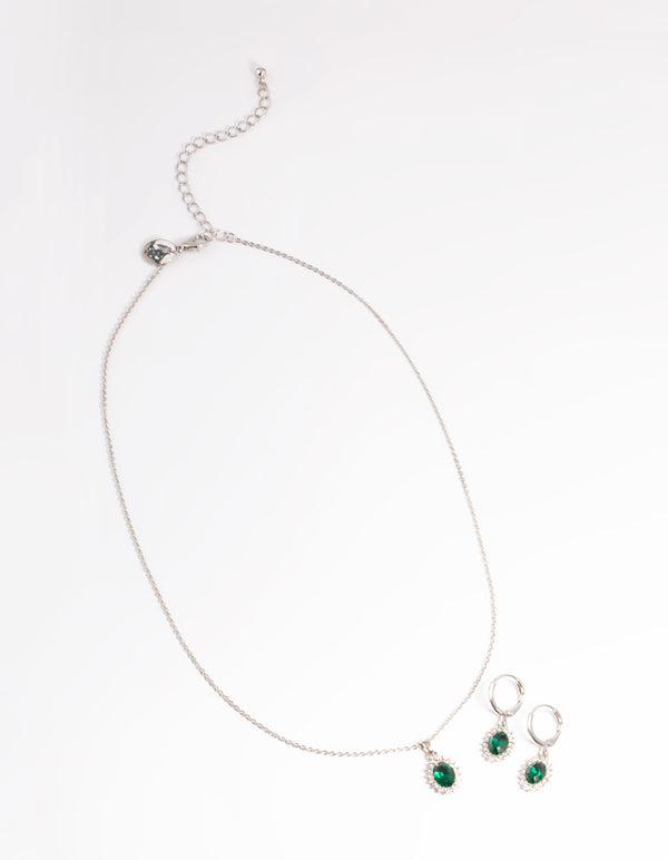 Rhodium Diamante Surrounded Necklace & Huggie Set