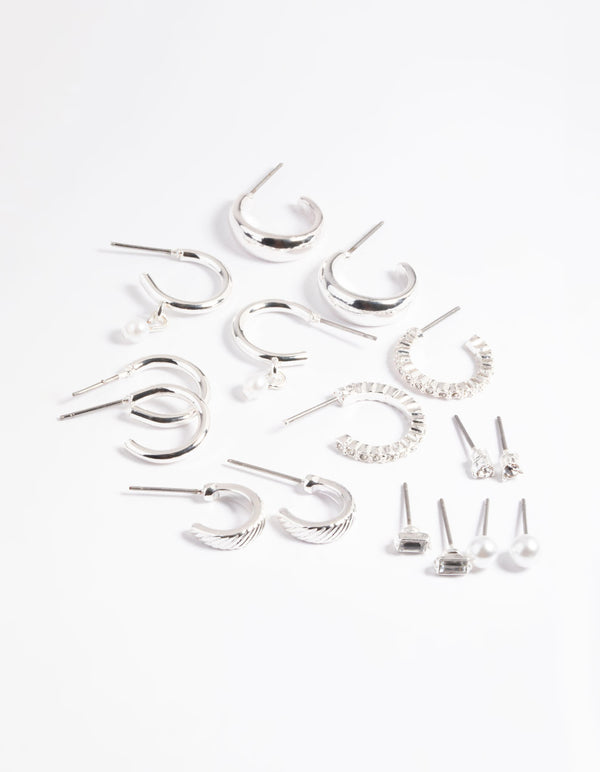 Silver Pearl Stud & Hoop Earrings 8-Pack