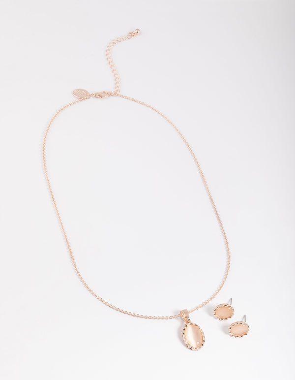 Rose Gold Oval Cateye Necklace & Stud Earrings