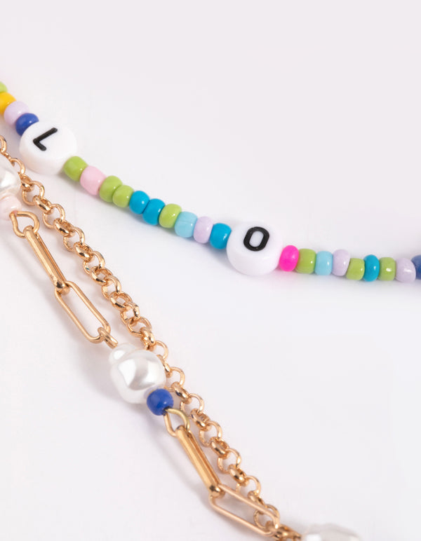 Gold 3 Row Love Mix Bead Pearl Necklace
