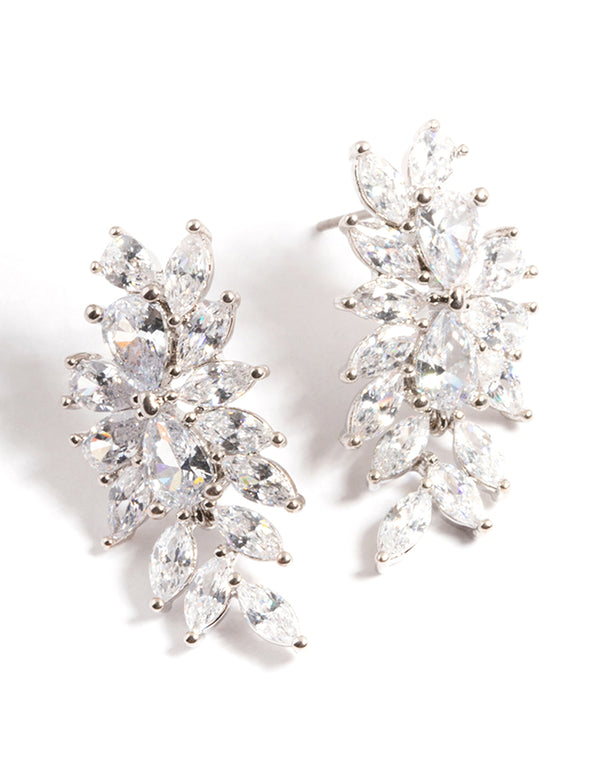 Rhodium Diamond Simulant Floral Drop Earrings
