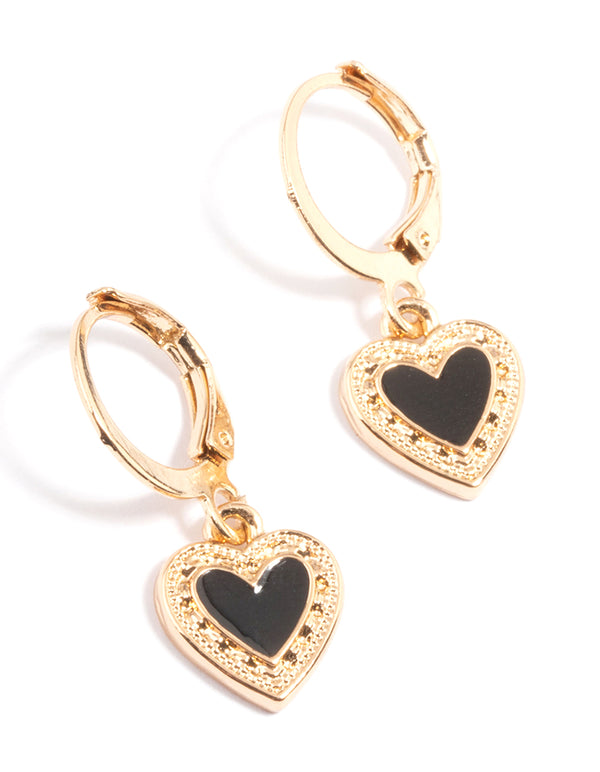 Black Enamel Heart Huggie Earrings