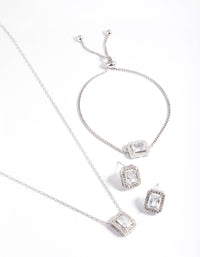 Silver Diamond Simulant Square Halo Jewellery Set - link has visual effect only