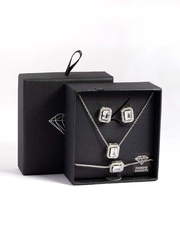 Silver Diamond Simulant Square Halo Jewellery Set
