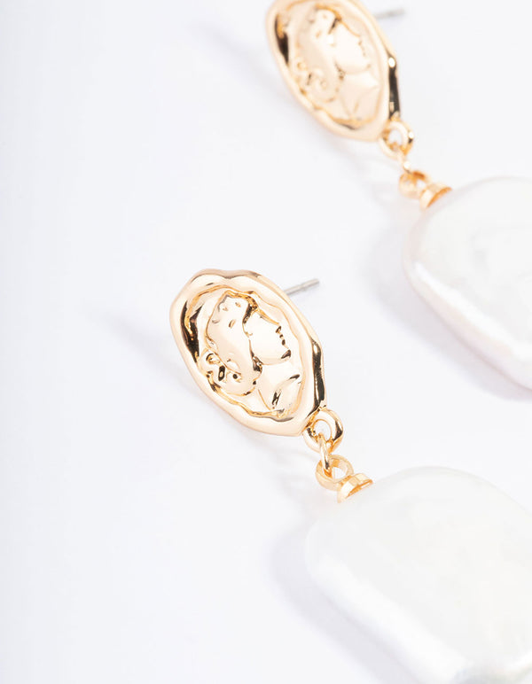 Gold Plated Oval Coin & Freshwater Pearl Drop Earrings