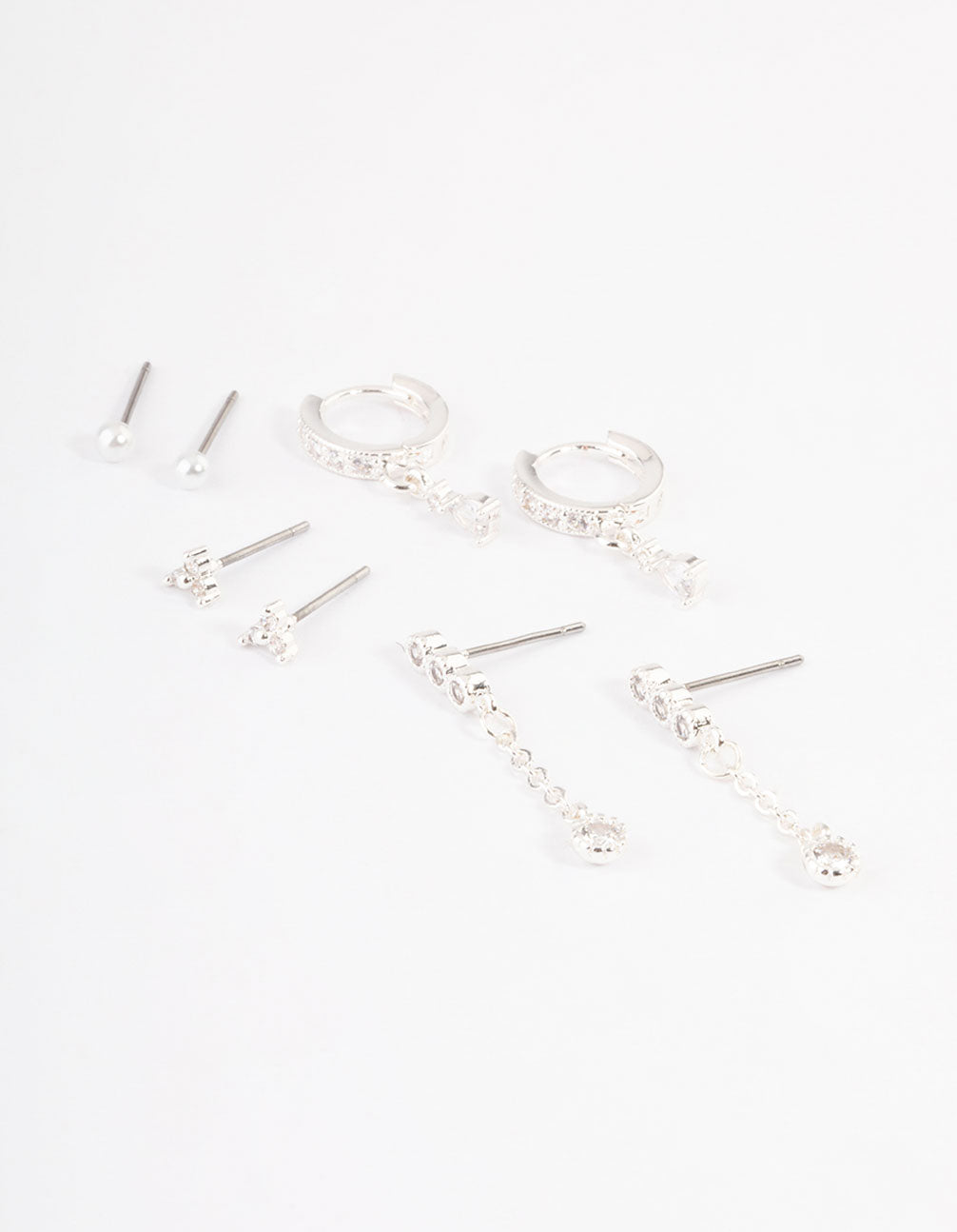 Silver Plated Cubic Zirconia Dainty Pearl Earrings 4-Pack