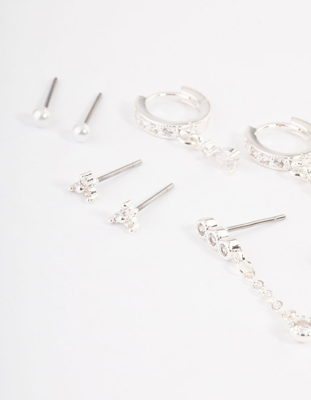 Silver Plated Cubic Zirconia Dainty Pearl Earrings 4-Pack