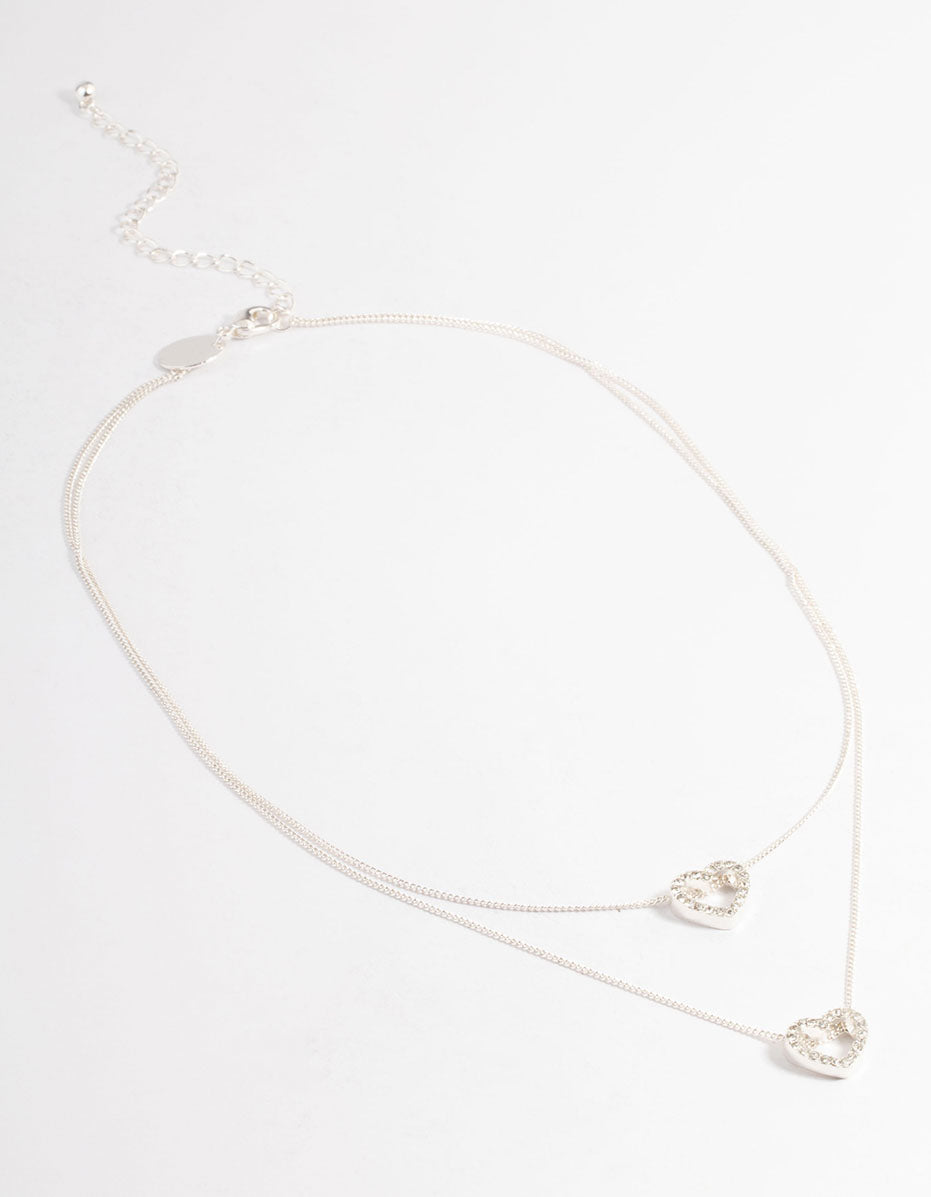 Silver Double Diamante Open Heart Necklace