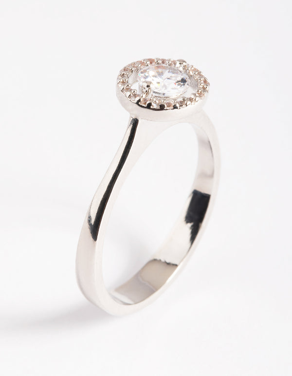 Silver Cubic Zirconia Centre Stone with Halo Ring