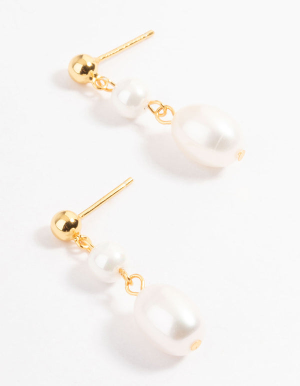 Gold Plated Sterling Silver Double Faux Pearl Drop Earrings