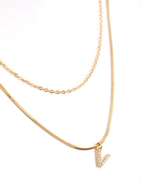 Letter V Gold Plated Layered Diamante Initial Necklace - link has visual effect only