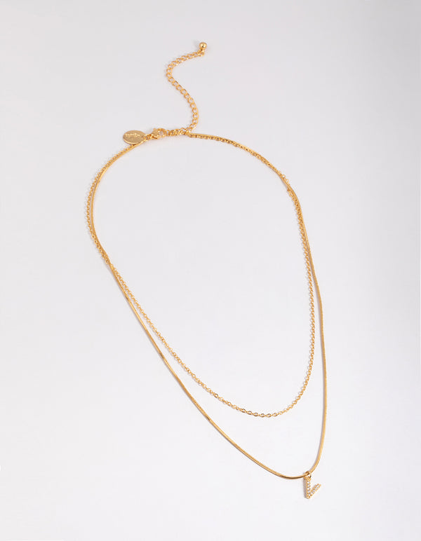 Letter V Gold Plated Layered Diamante Initial Necklace