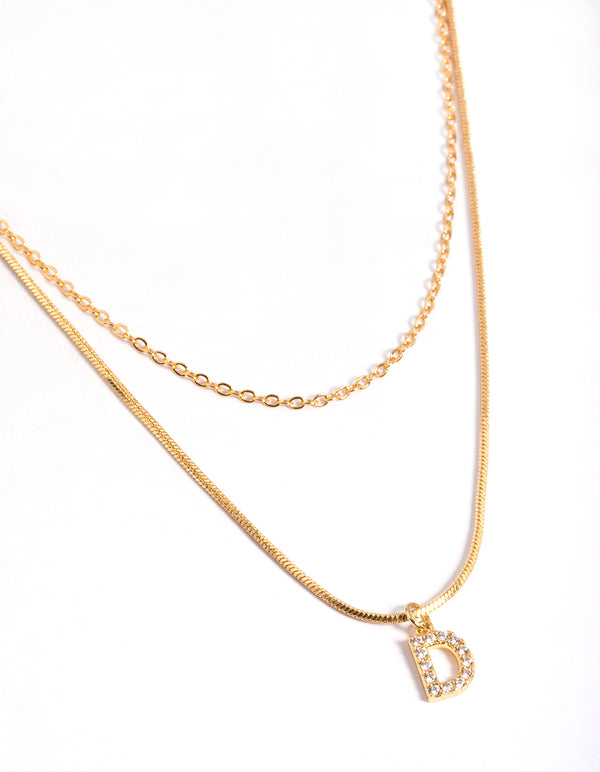 Letter D Gold Plated Layered Diamante Initial Necklace