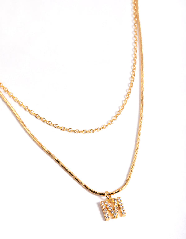 Letter M Gold Plated Layered Diamante Initial Necklace
