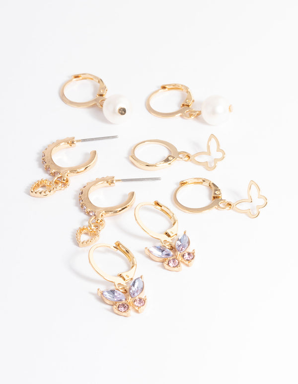 Gold Butterfly & Pearl Earrings 4-Pack