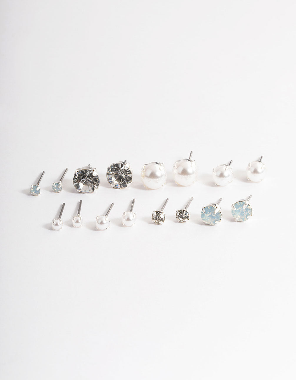 Silver Pearl Diamante Stud Earrings 8-Pack H25D Jewelry