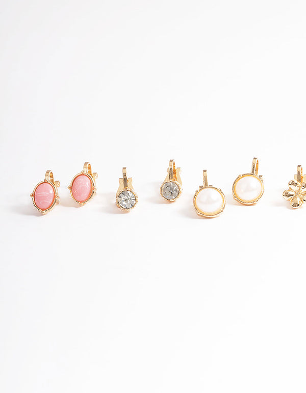 Gold Pearl & Resin Stone Clip On Earrings 5-Pack