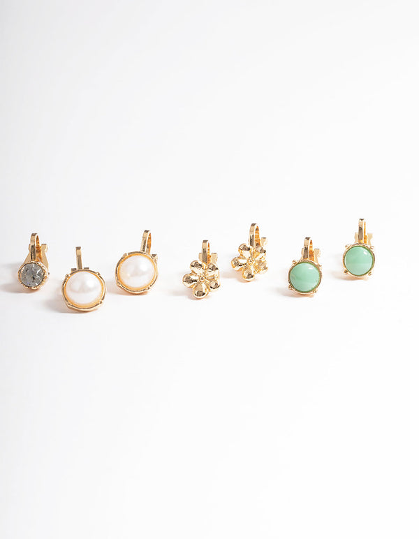 Gold Pearl & Resin Stone Clip On Earrings 5-Pack