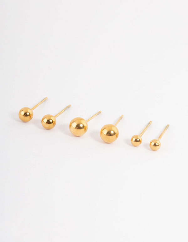 Gold Plated Stainless Steel Small Ball Stud Earrings Pack