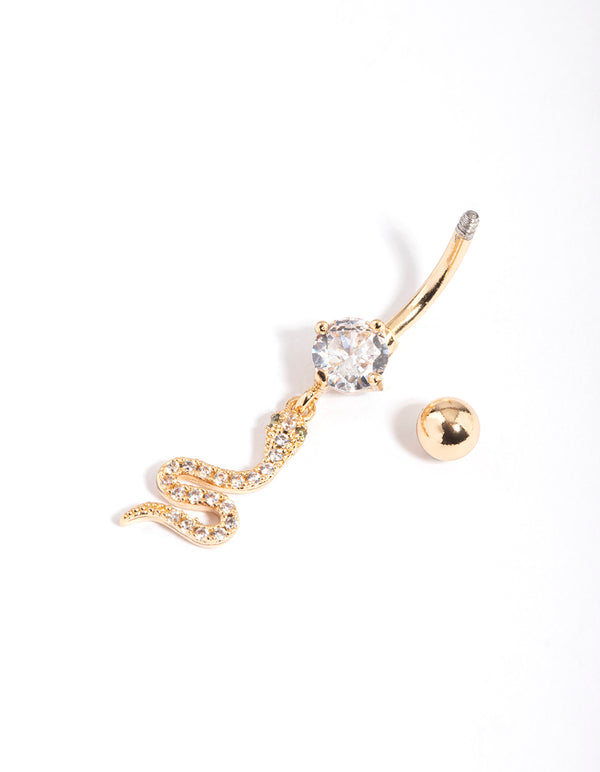 Gold Plated Surgical Steel Crystal Snake Drop Belly Ring