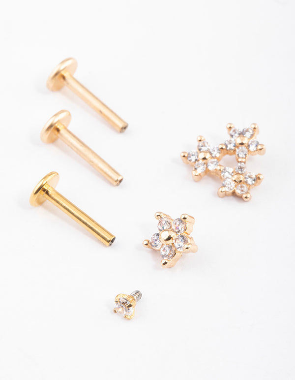 Gold Plated Titanium Cubic Zirconia Floral Flat Back Pack
